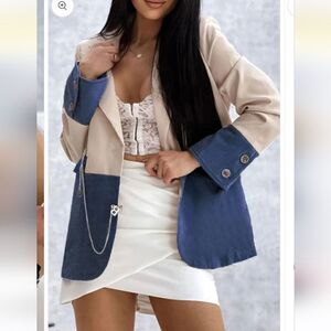 NWT Malabay Marina Block Contrast Blazer Jacket Faux Denim Oversized